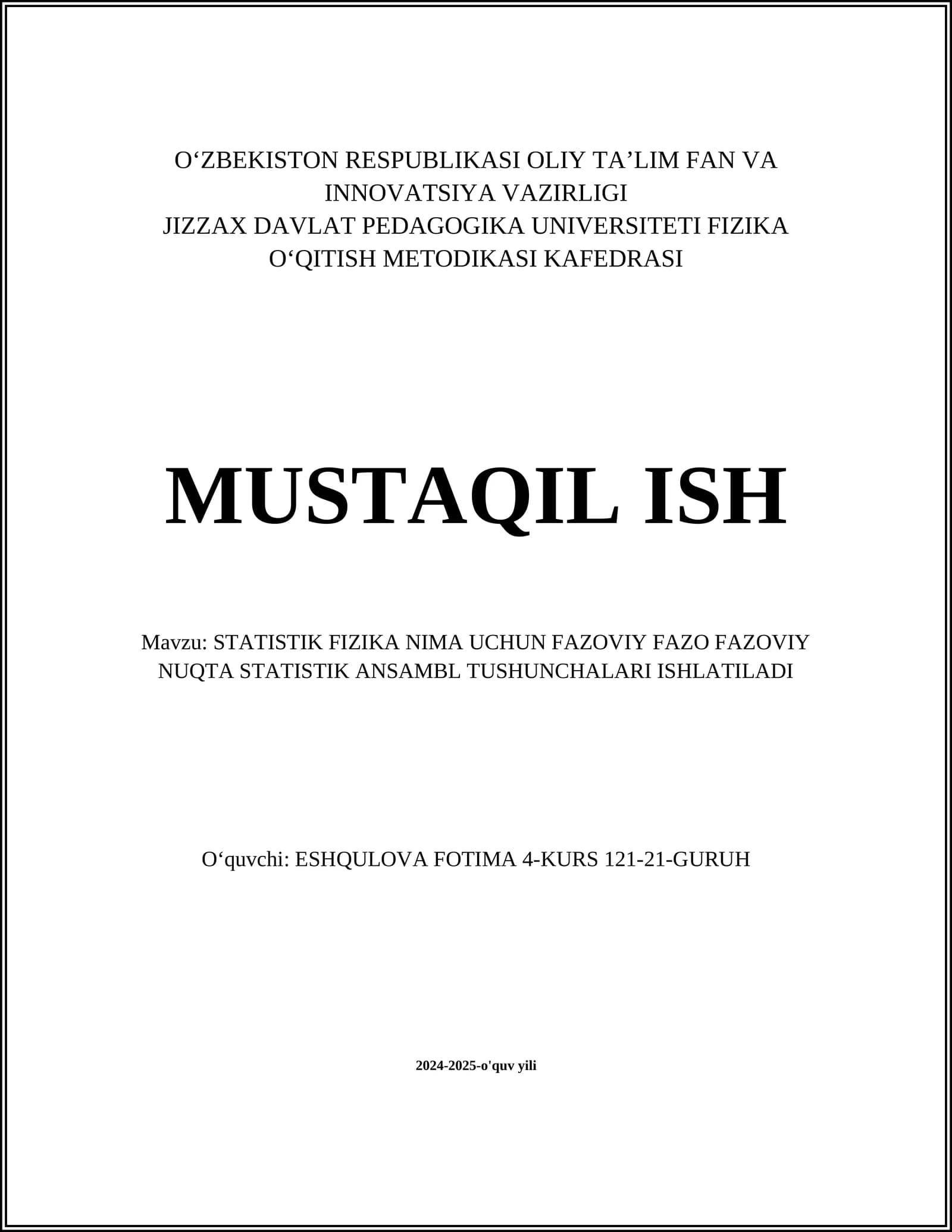 STATISTIK FIZIKA NIMA UCHUN FAZOVIY FAZO FAZOVIY NUQTA STATISTIK ANSAMBL TUSHUNCHALARI ISHLATILADI