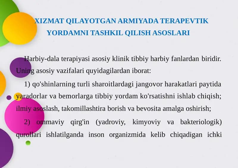 XIZMAT QILAYOTGAN ARMIYADA TERAPEVTIK YORDAMNI TASHKIL QILISH ASOSLARI
