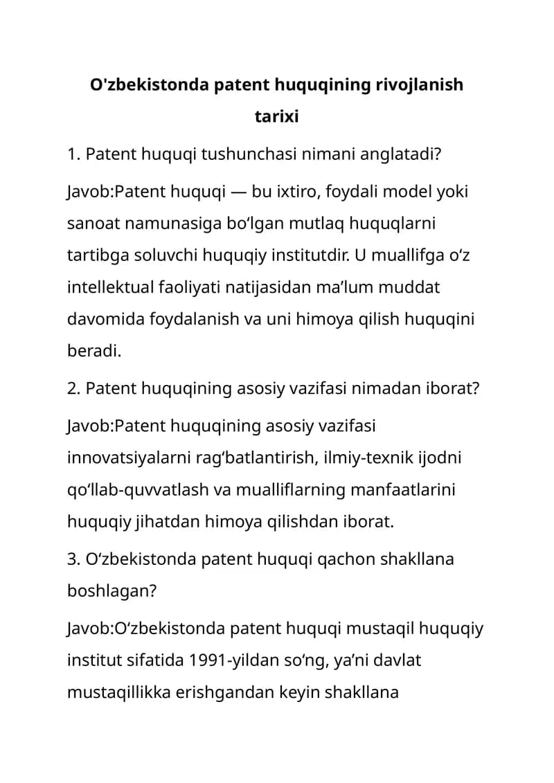 O'zbekistonda Patent huquqining rivojlanish tarixi