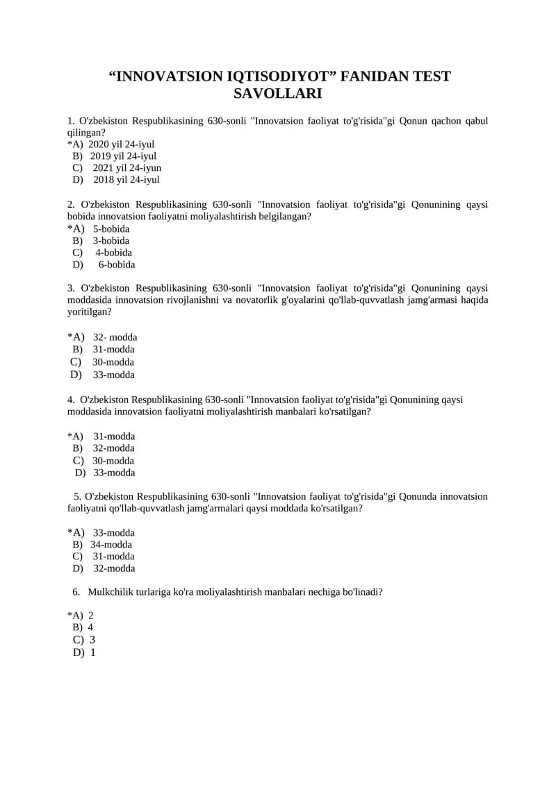 "INNOVATSION IQTISODIYOT" FANIDAN TEST SAVOLLARI