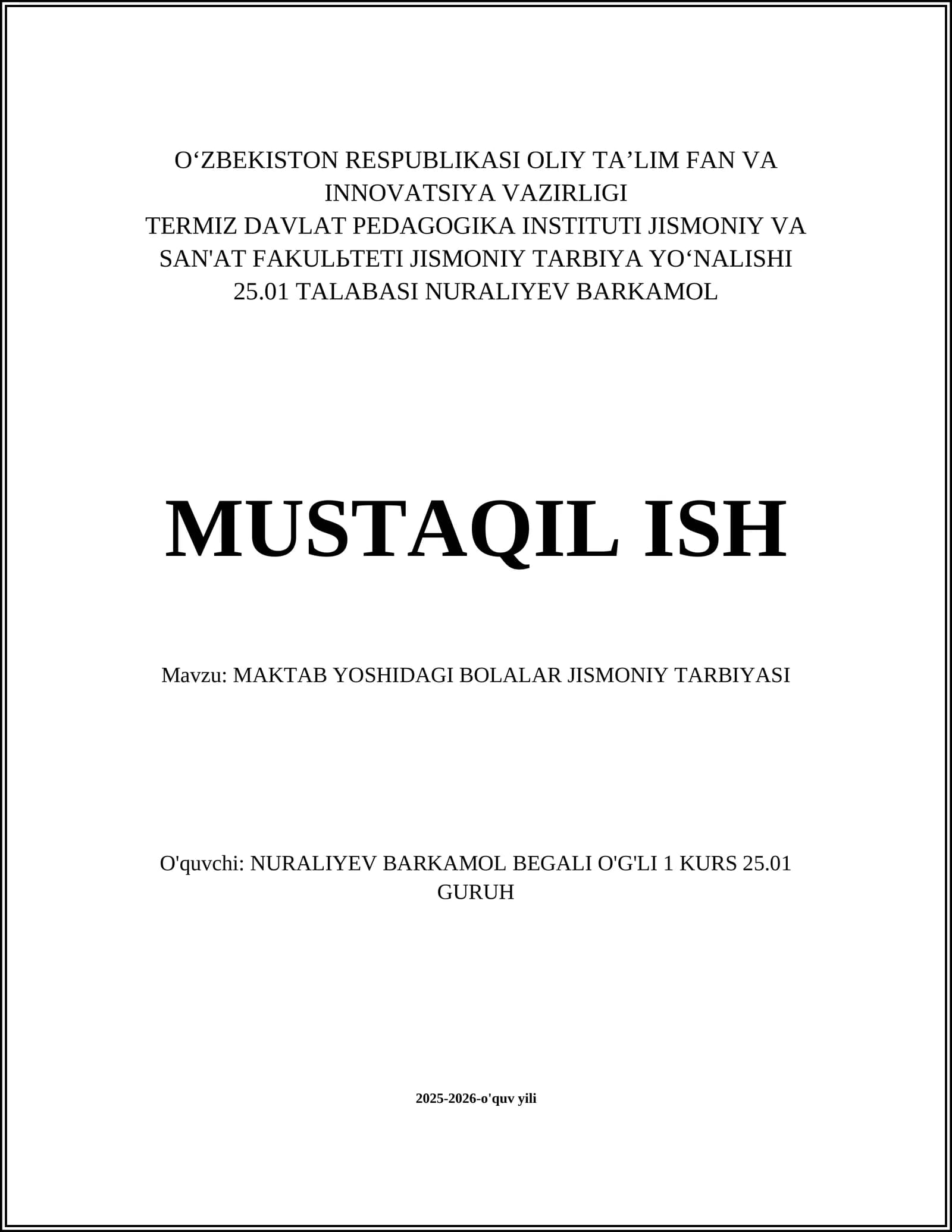 MAKTAB YOSHIDAGI BOLALAR JISMONIY TARBIYASI