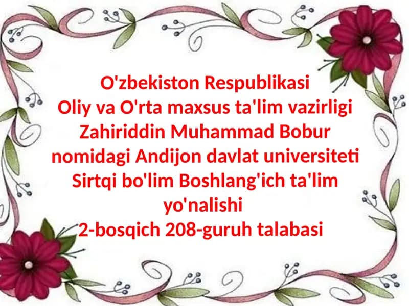 Zahiriddin Muhammad Bobur nomidagi Andijon davlat universiteti Sirtqi bo'lim Boshlang'ich ta'lim yo'nalishi