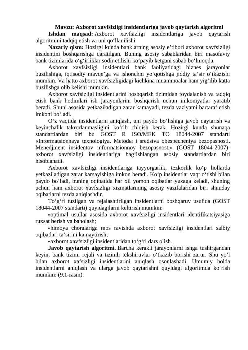 Axborot xavfsizligi insidentlariga javob qaytarish algoritmi