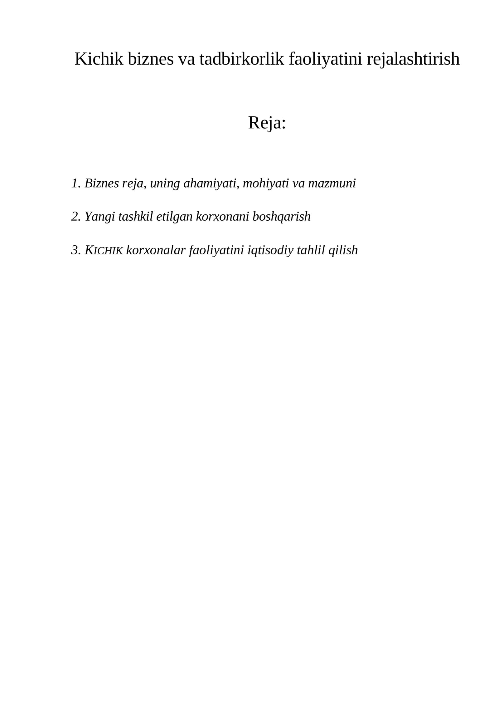 Kichik biznes va tadbirkorlik faoliyatini rejalashtirish