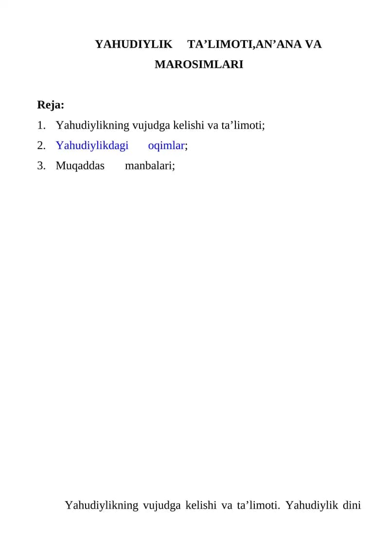 YAHUDIYLIK 	TA’LIMOTI,AN’ANA VA MAROSIMLARI
