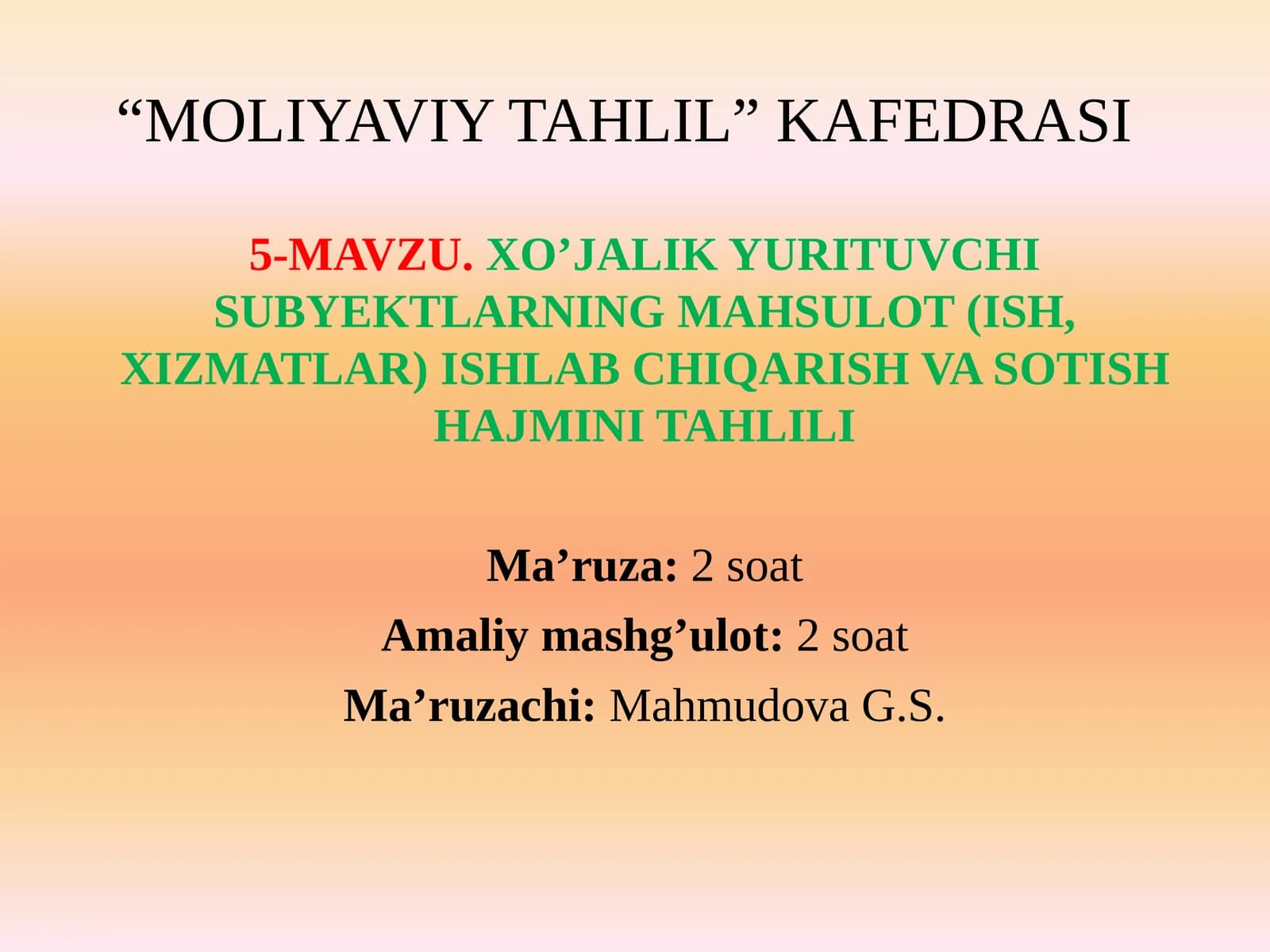 XO’JALIK YURITUVCHI SUBYEKTLARNING MAHSULOT (ISH, XIZMATLAR) ISHLAB CHIQARISH VASOTISH HAJMINITAHLILI