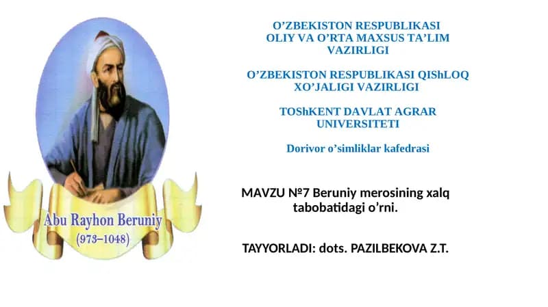 Beruniy merosining xalq tabobatidagi o'rni