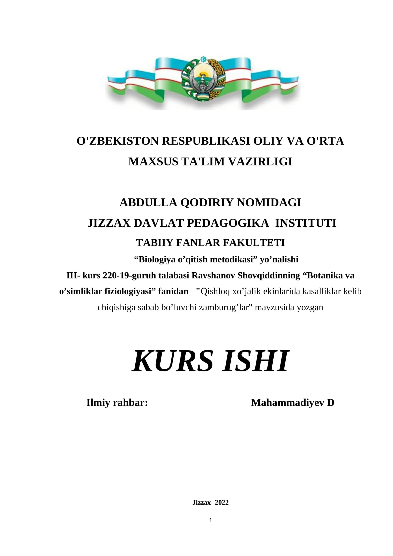 Qishloq xo’jalik ekinlarida kasalliklar kelib chiqishiga sabab bo’luvchi zamburug’lar