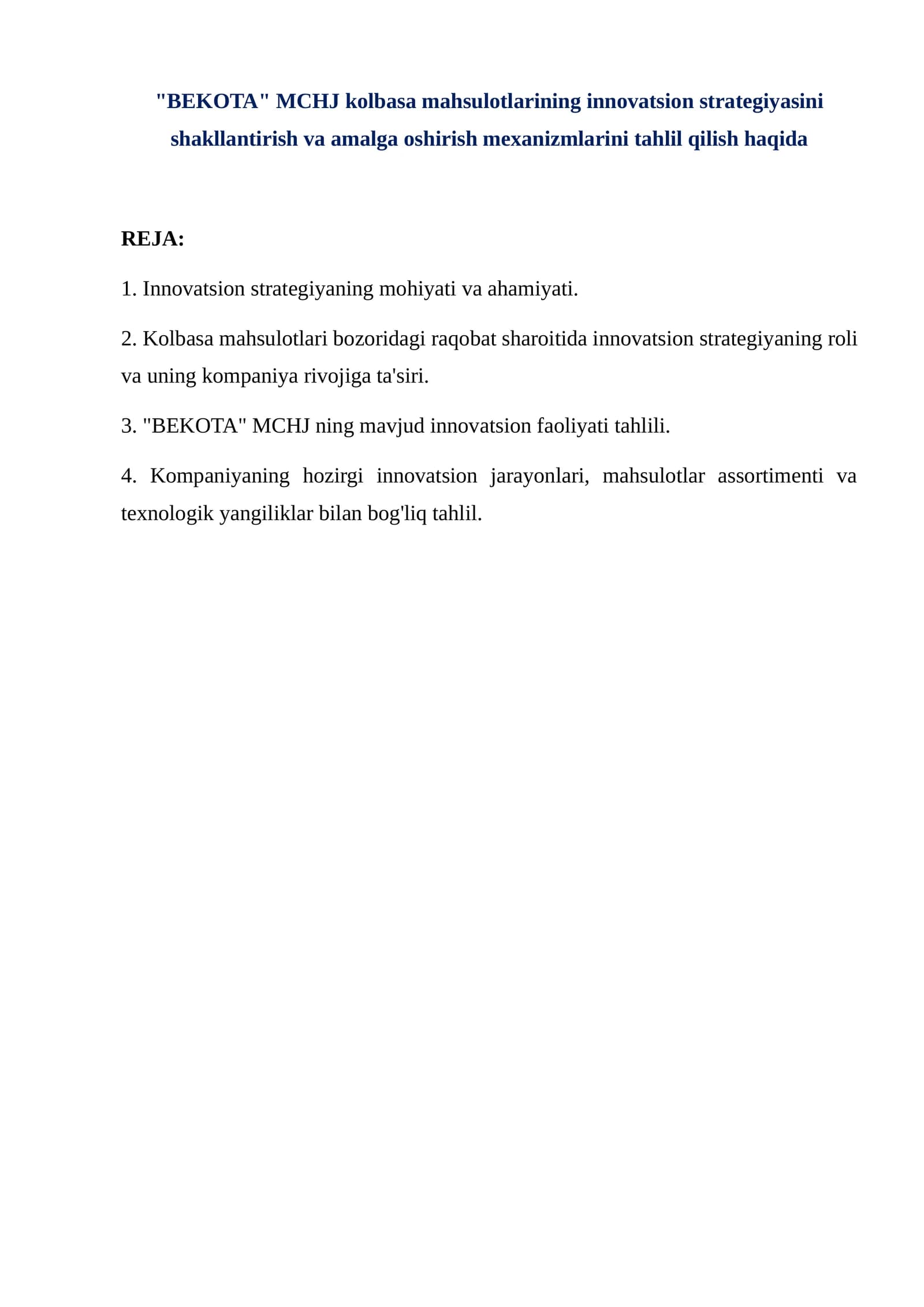 BEKOTA  MCHJ kolbasa mahsulotlarining innovatsion
