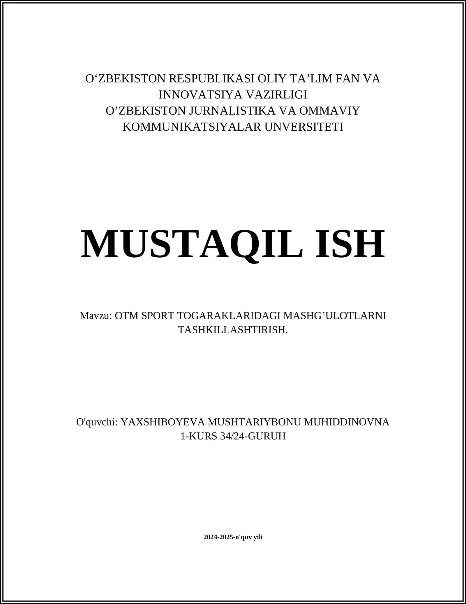 OTM SPORT TOGARAKLARIDAGI MASHG’ULOTLARNI TASHKILLASHTIRISH