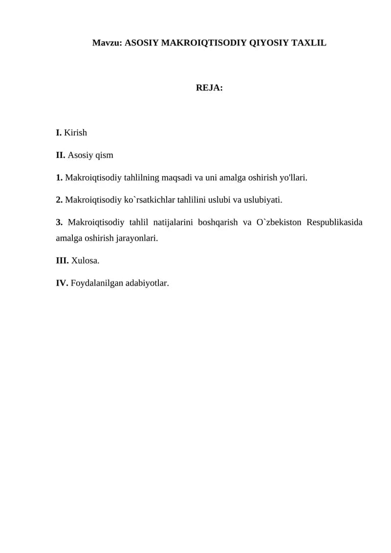 ASOSIY MAKROIQTISODIY QIYOSIY TAXLIL