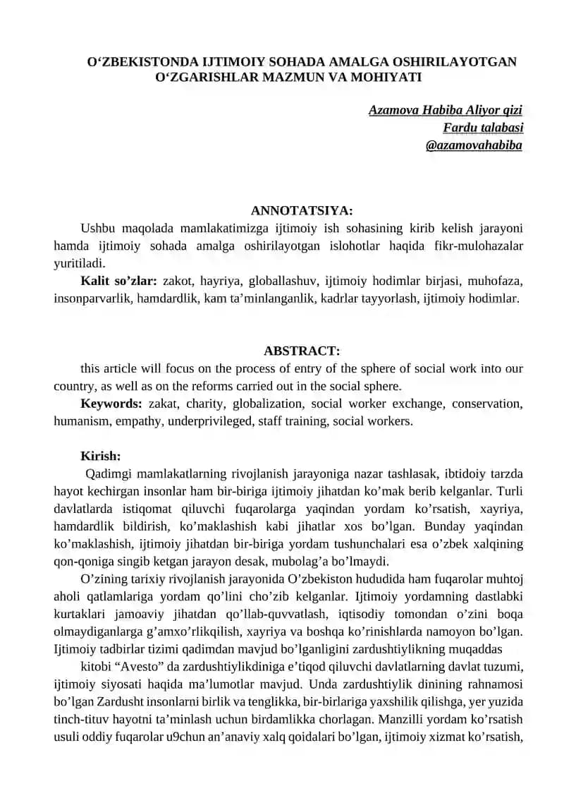 OʻZBEKISTONDA IJTIMOIY SOHADA AMALGA OSHIRILAYOTGAN OʻZGARISHLAR MAZMUN VA MOHIYATI