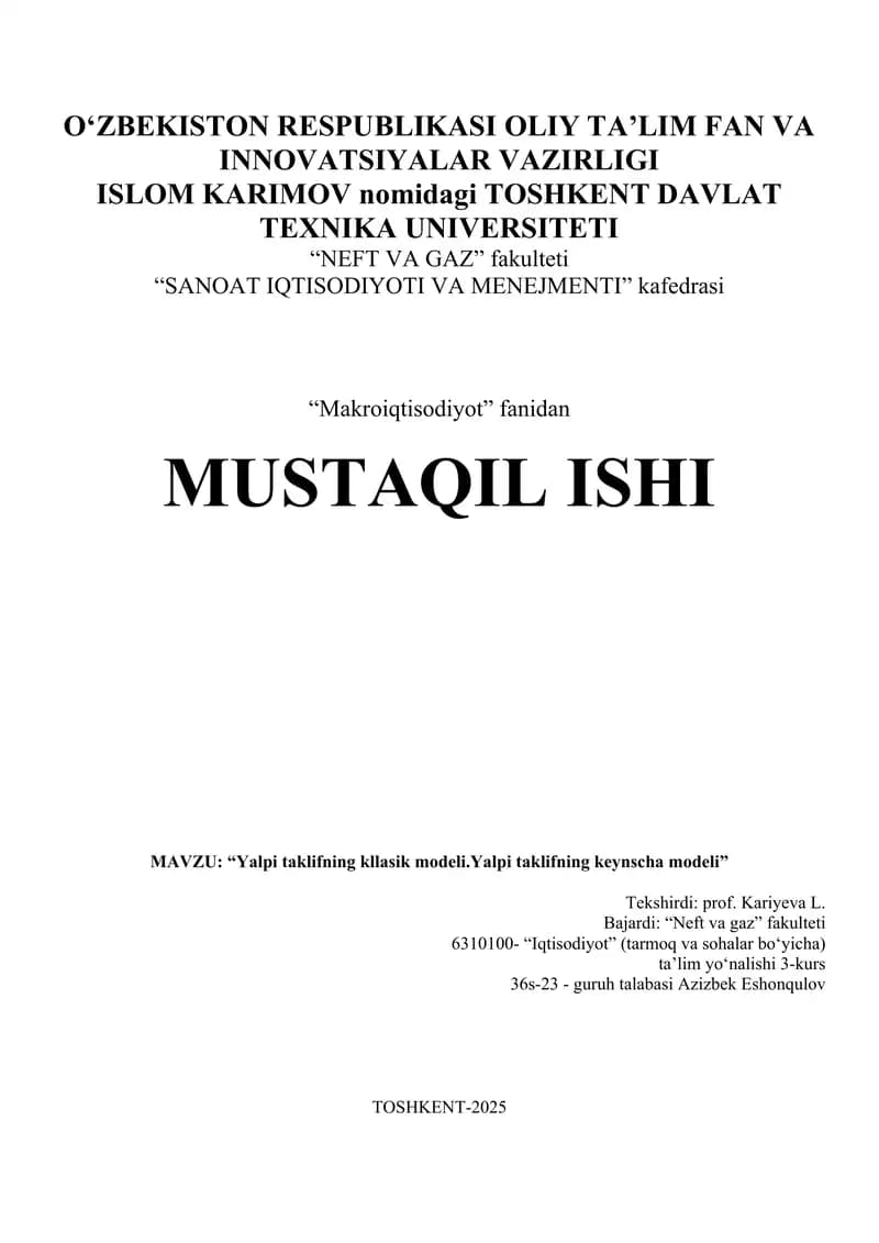 Yalpi Taklifning Klassik Modeli va Keynscha Modeli