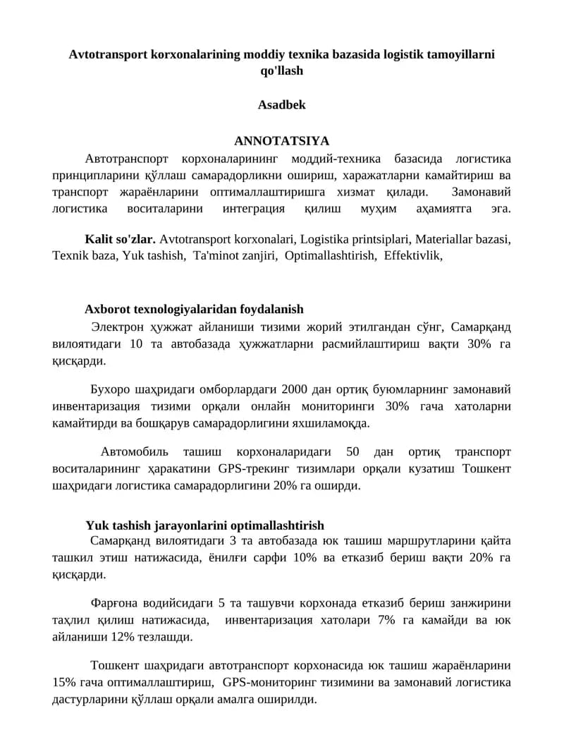 Avtotransport korxonalarining moddiy texnika bazasida logistik tamoyillarni qo'llash