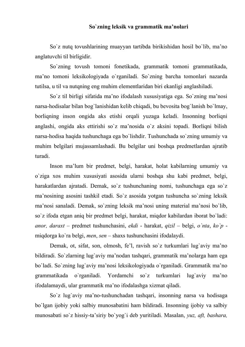So`zning leksik va grammatik ma’nolari