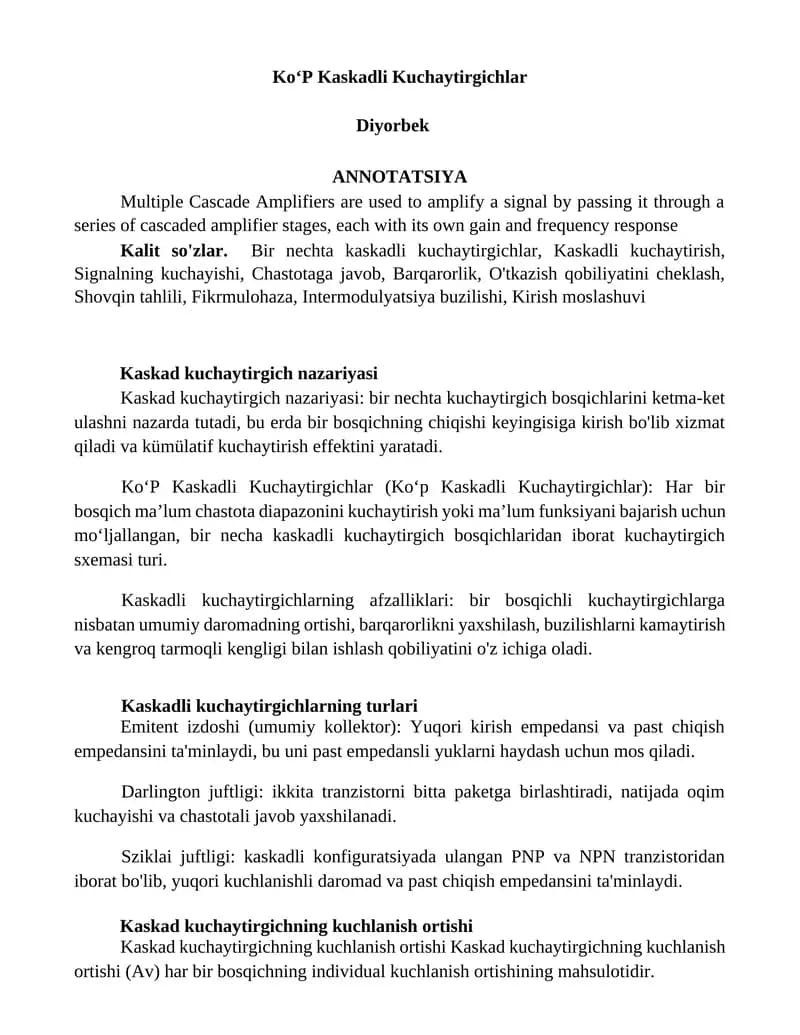 KoʻP Kaskadli Kuchaytirgichlar