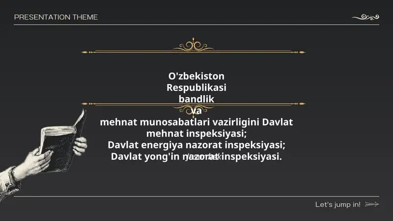 O'zbekiston Respublikasi bandlik va mehnat munosabatlari vazirligini Davlat mehnat inspeksiyasi; Davlat energiya nazorat inspeksiyasi; Davlat yong'in nazorat inspeksiyasi