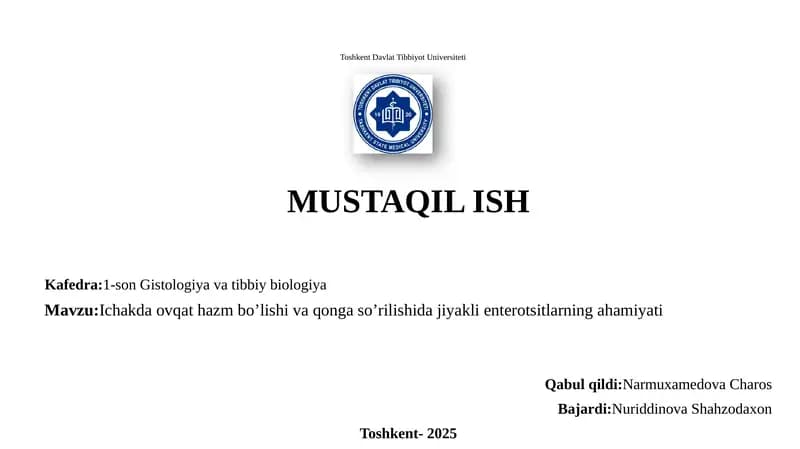 Ichakda ovqat hazm bo'lishi va qon gaz o'rilishi
