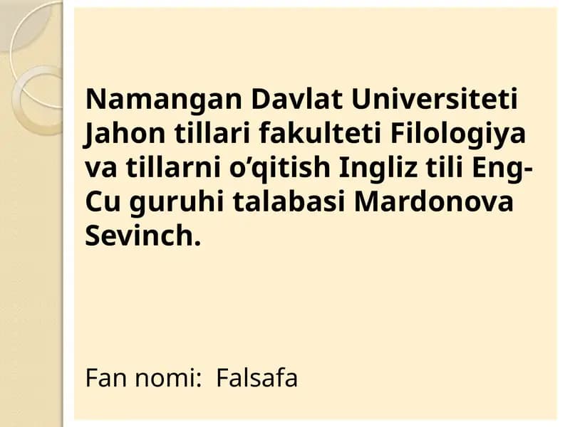 Jahon tillari fakulteti Filologiya va tillar ni o’qitish Ingliz tili Eng-Cuguruhita labasi Mardonova Sevinch