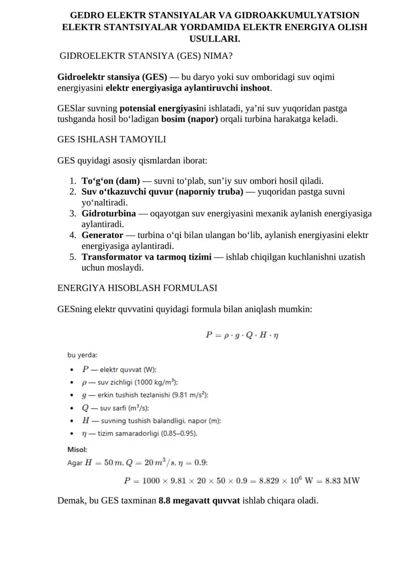 Gidroelektr stansiya (GES)