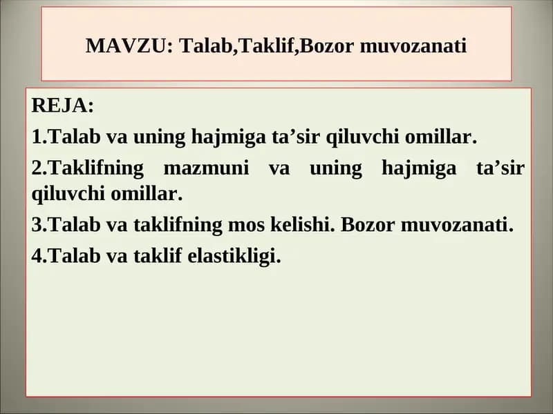 Talab,Taklif,Bozor muvozanati