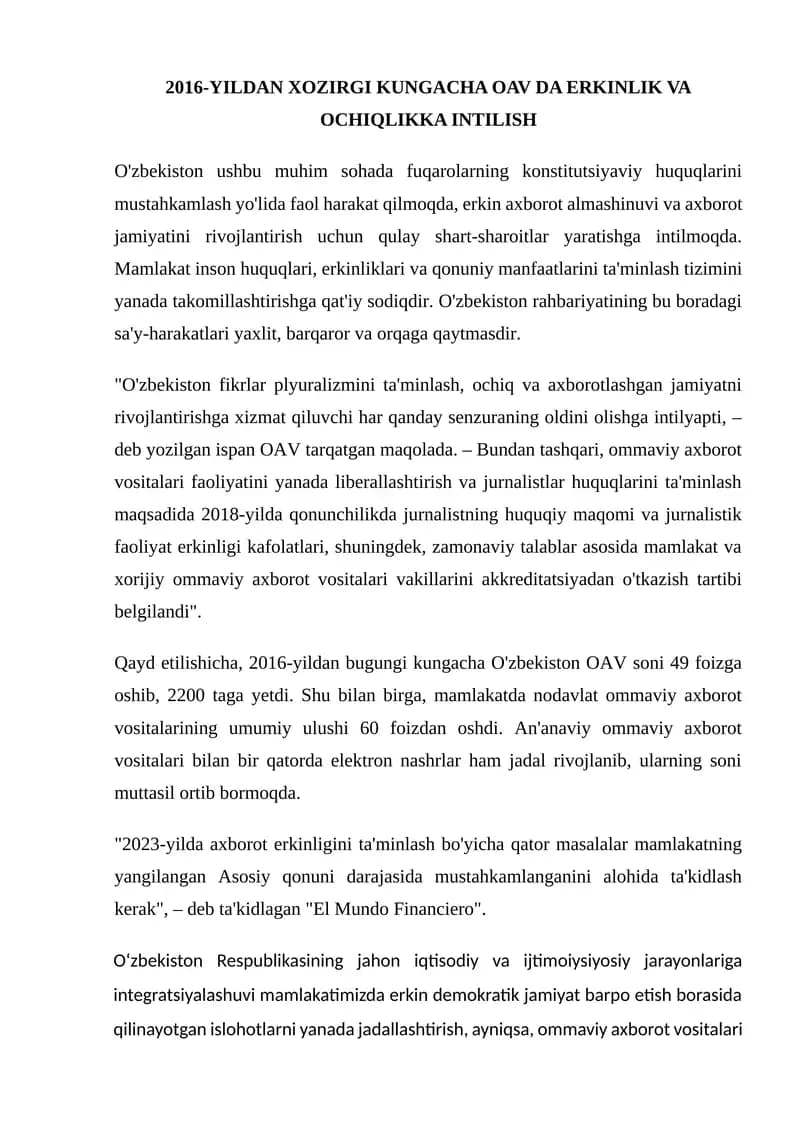 O'zbekiston fikrlar plyuralizmini ta'minlash