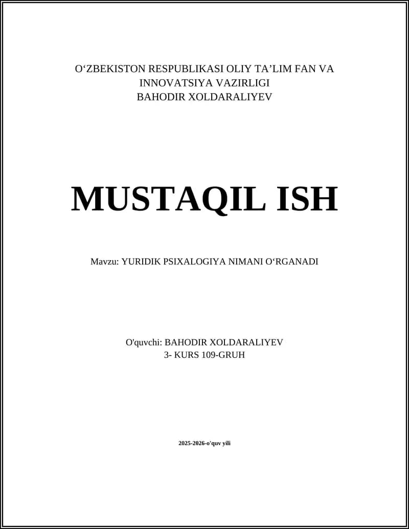YURIDIK PSIXALOGIYA NIMANI OʻRGANADI