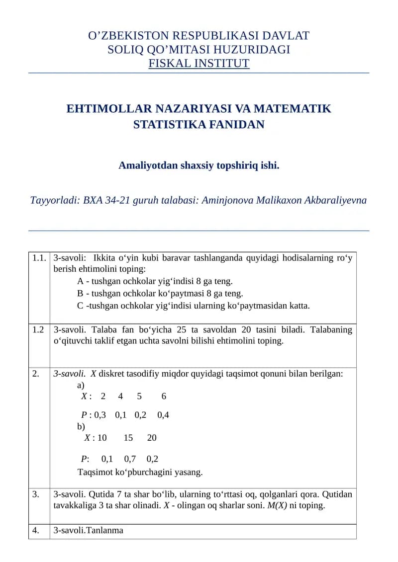 Ehtimollar nazariyasi va matematik statistika fanidan amaliyotdan shaxsiy topshiriq ishi