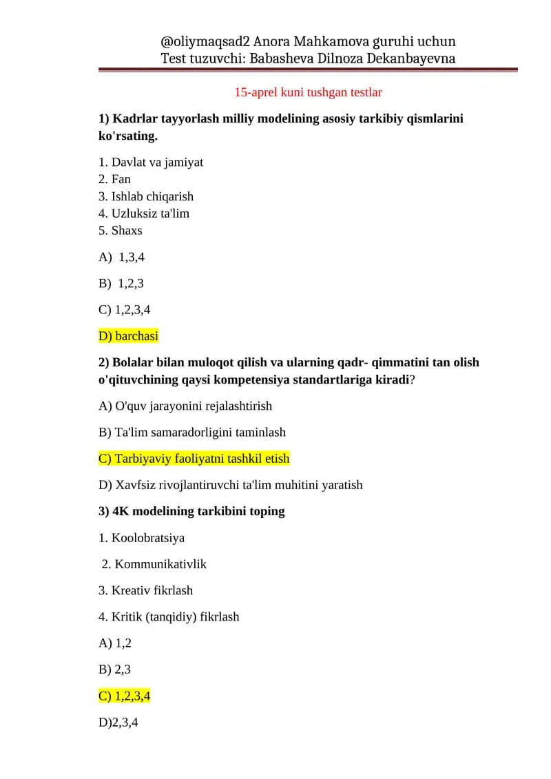 Test tuzuvchi: Babasheva Dilnoza Dekanbayevna