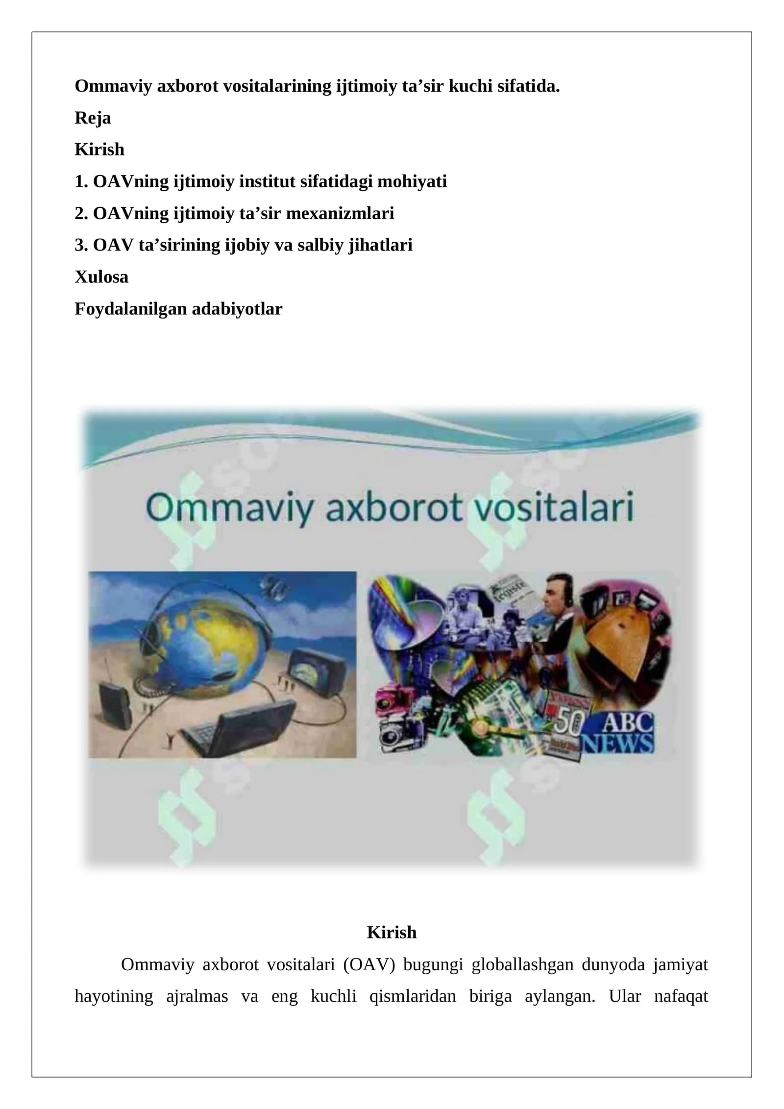 Ommaviy axborot vositalarining ijtimoiy ta’sir kuchi sifatida