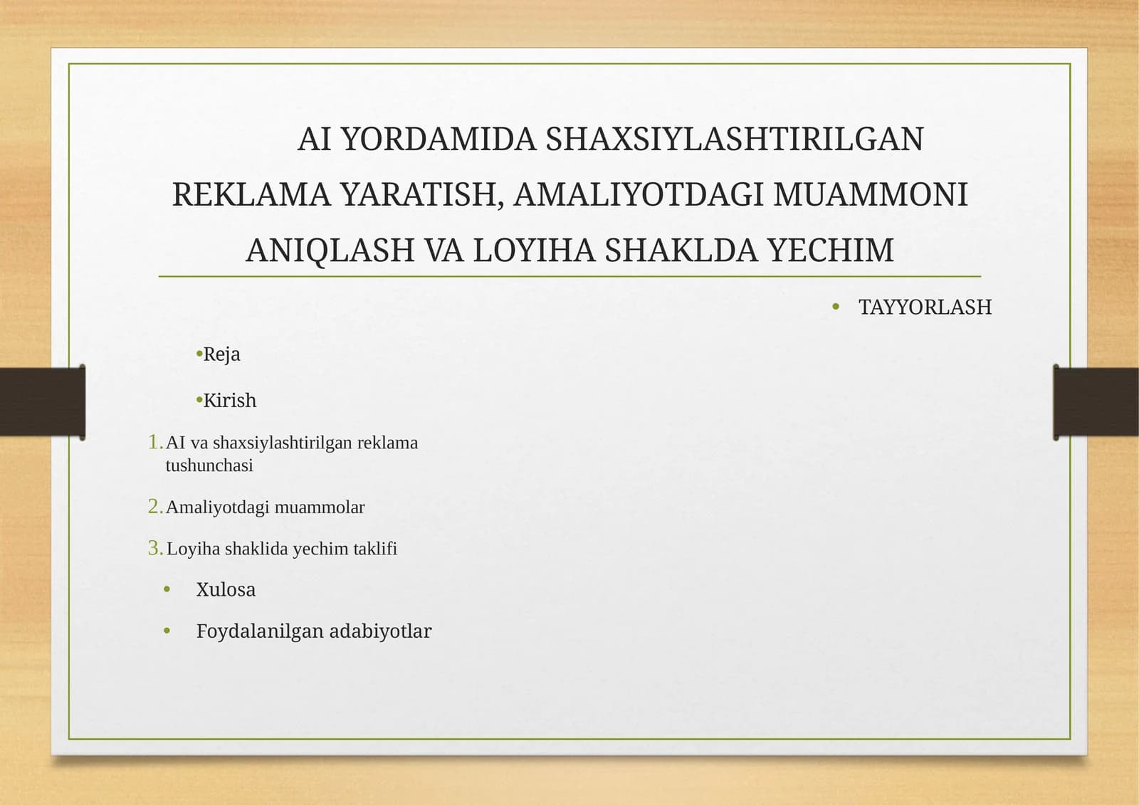 AIYORDAMIDASHAXSIYLASHTIRILGANREKLAMAYARATISH,AMALIYOTDAGIMUAMMONIANIQLASHVALOYIHASHAKLDAYECHIMTAYYORLASH