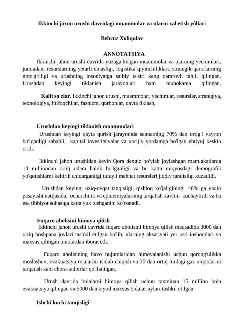 Ikkinchi jaxon urushi davridagi muammolar va ularni xal etish yôllari by Behruz Xoliqulov