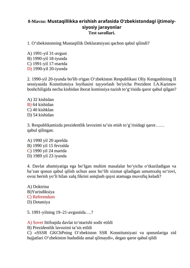 Mustaqillikka erishish arafasida O‘zbekistondagi ijtimoiy-siyosiy jarayonlar Test savollari