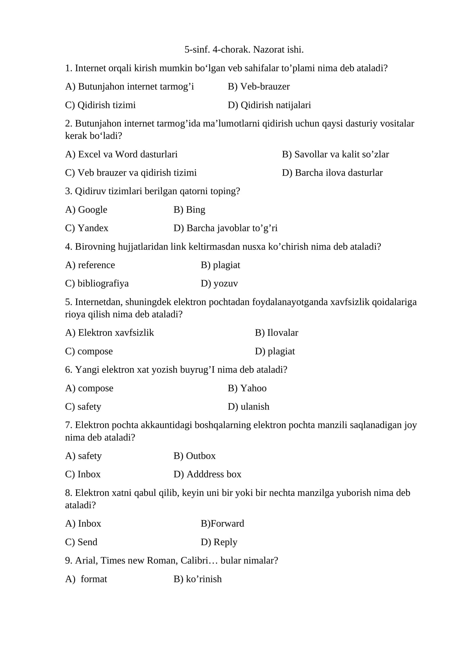 5-sinf informatika 4-chorak nazorat ishi test