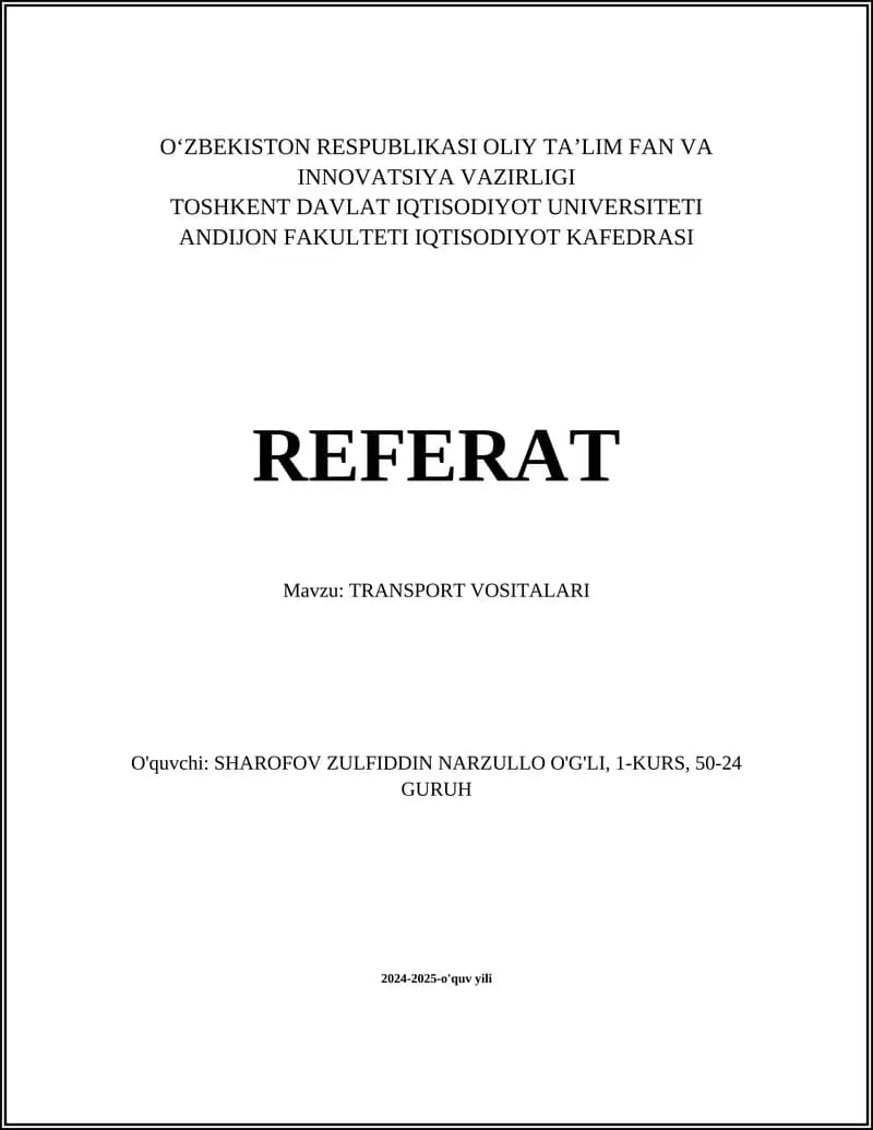 REFERAT Mavzu: TRANSPORT VOSITALARI