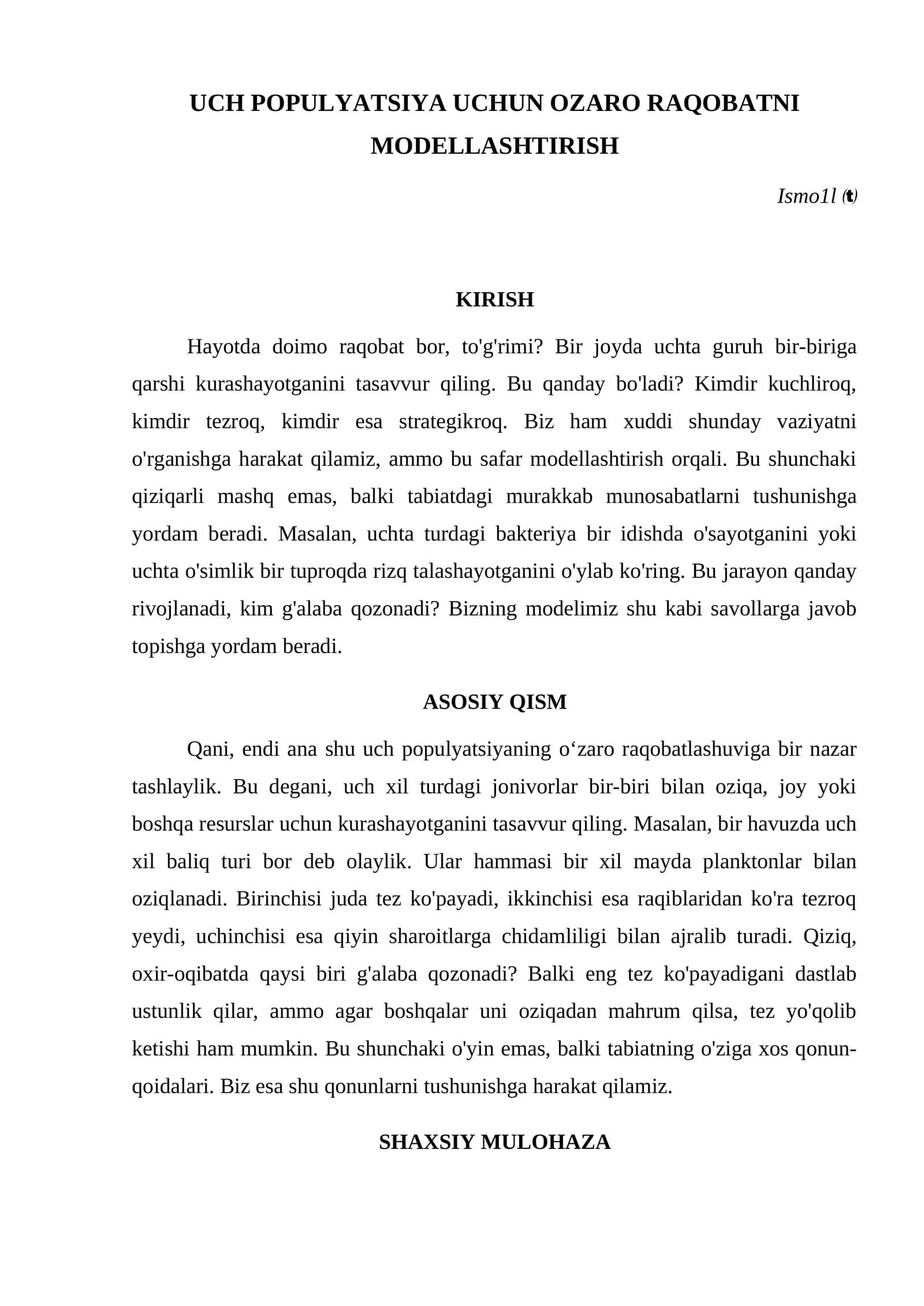 UCH POPULYATSIYA UCHUN OZARO RAQOBATNI MODELLASHTIRISH