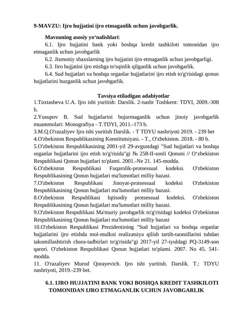 Ijro hujjatini ijro etmaganlik uchun javobgarlik
