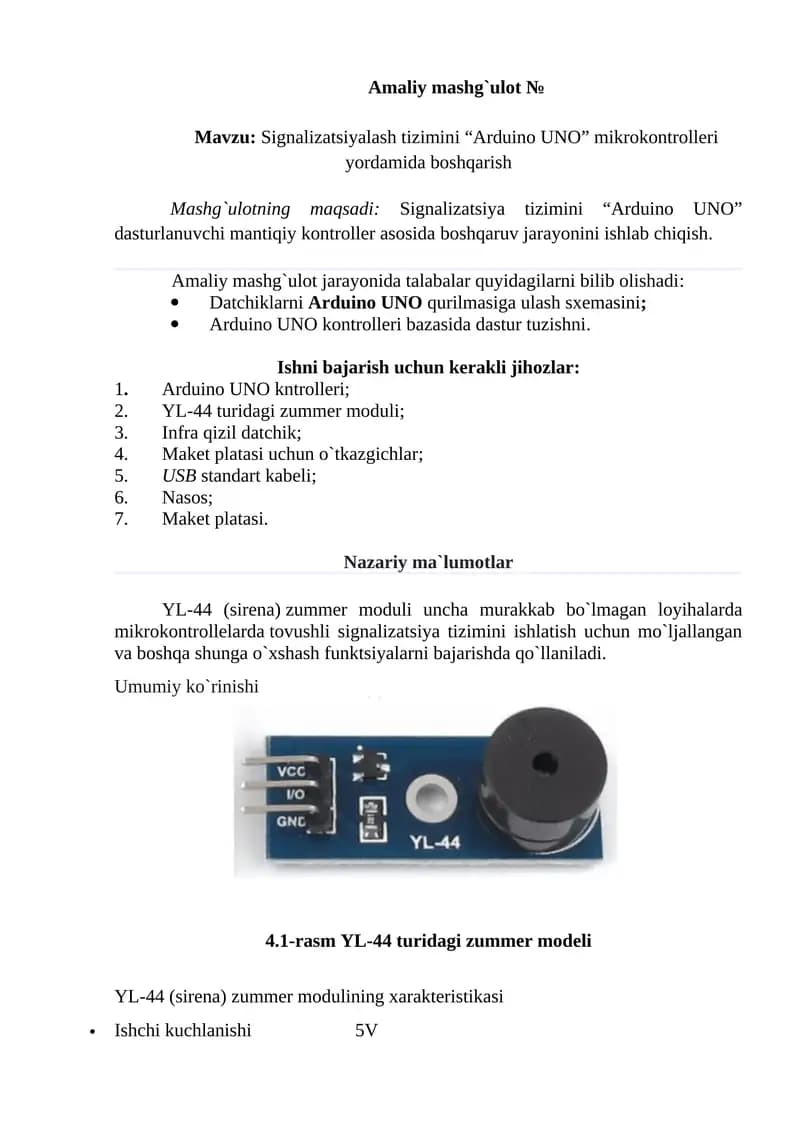 Signalizatsiyalash tizimini “Arduino UNO” mikrokontrolleri yordamida boshqarish