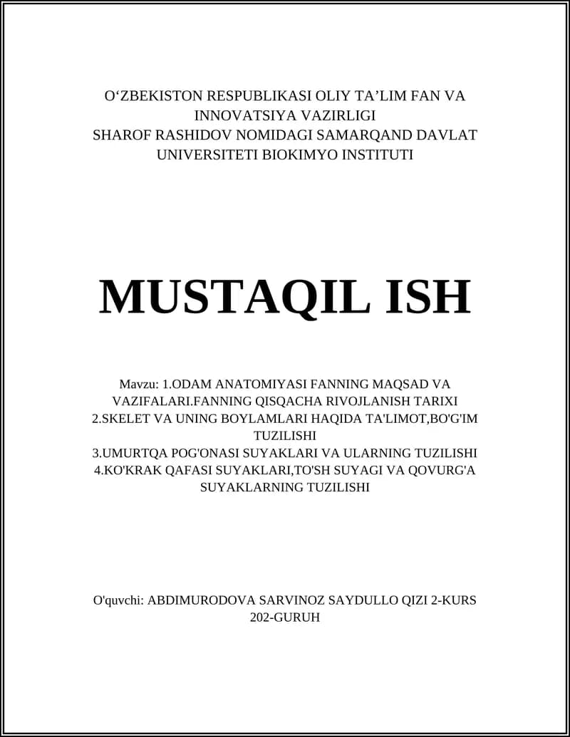 Odam anatomiyasi fanning maqsad va vazifalari