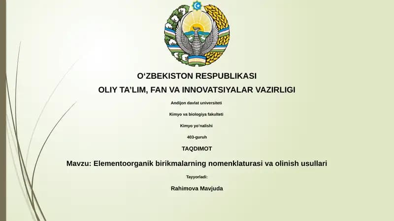 Elementoorganik birikmalarning nomenklaturasi va olinish usullari