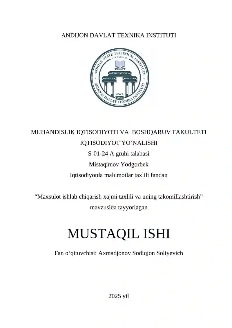 Mahsulot ishlab chiqarish xajmi taxlili va uning takomillashtirish