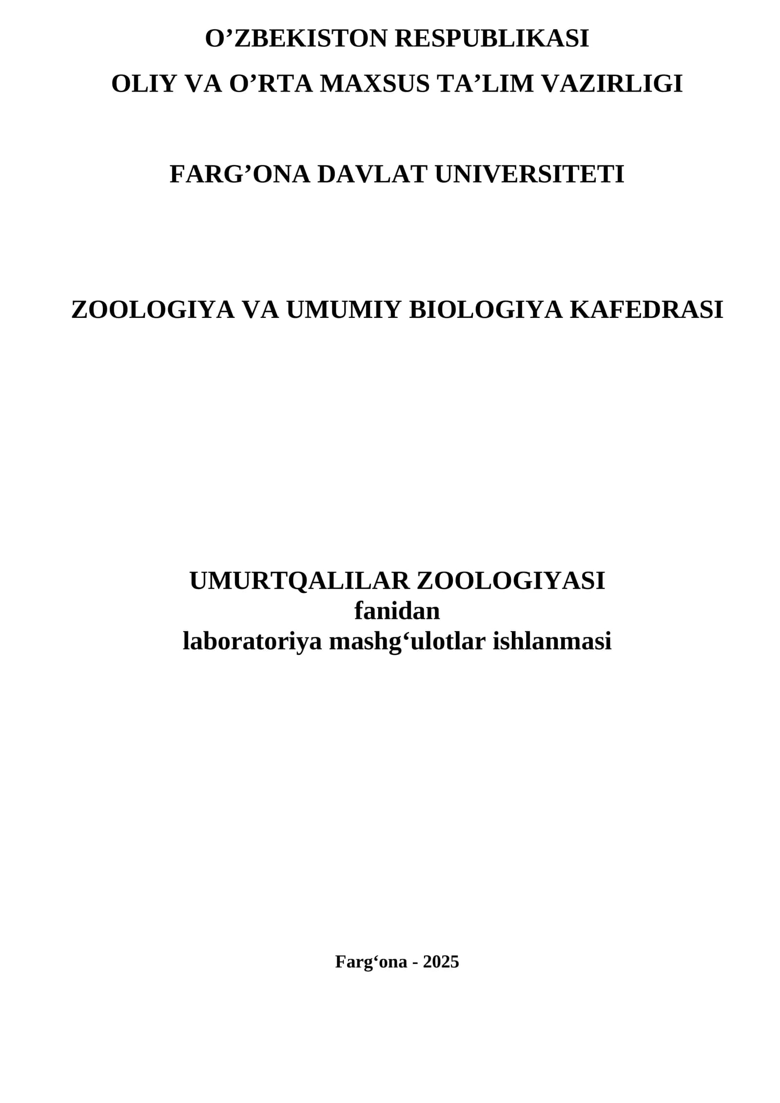 Umurtqalilar zoologiyasi laboratoriya mashg'ulotlar ishlanmasi