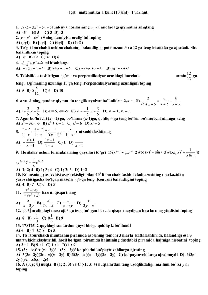 Matematikadan Olimpiada savollari