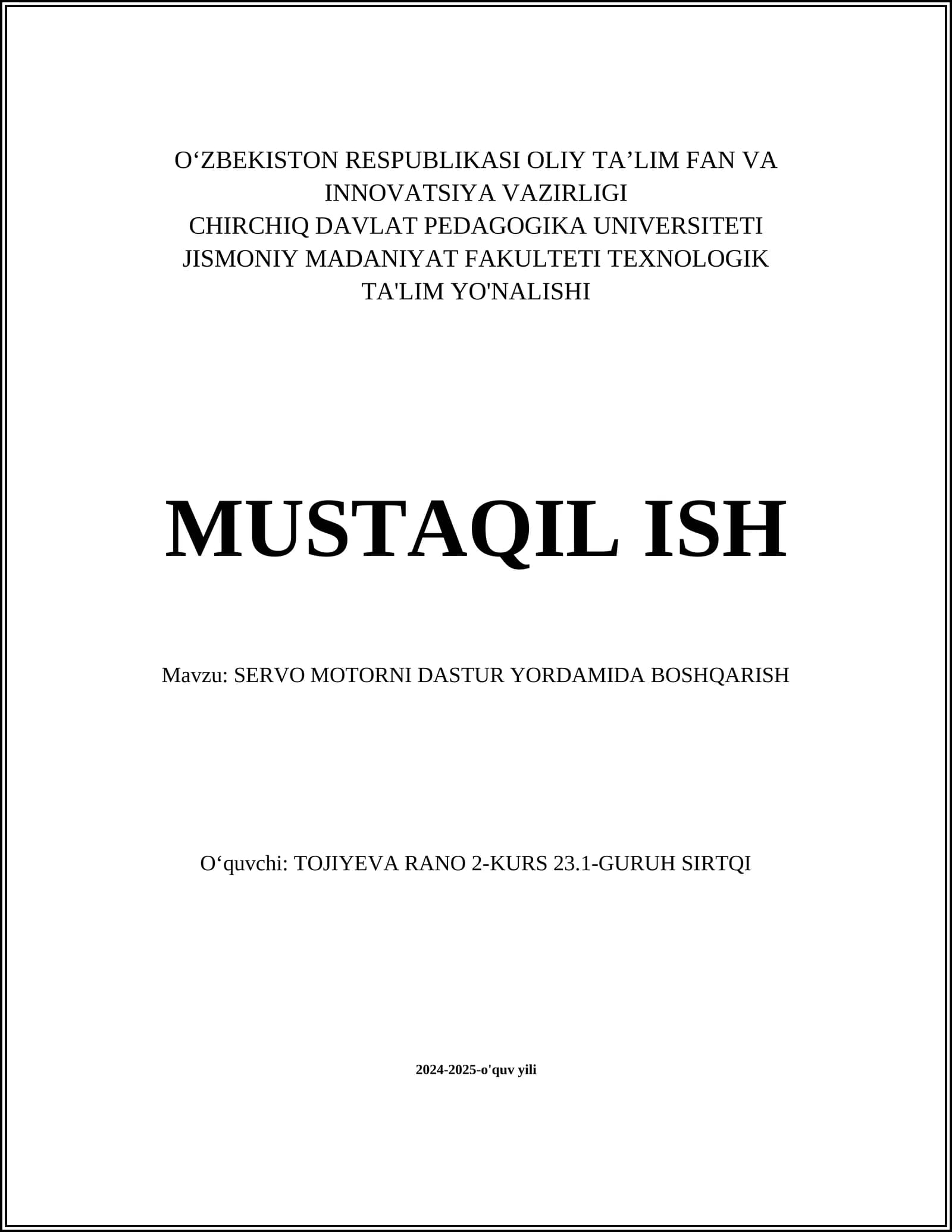 SERVO MOTORNI DASTUR YORDAMIDA BOSHQARISH