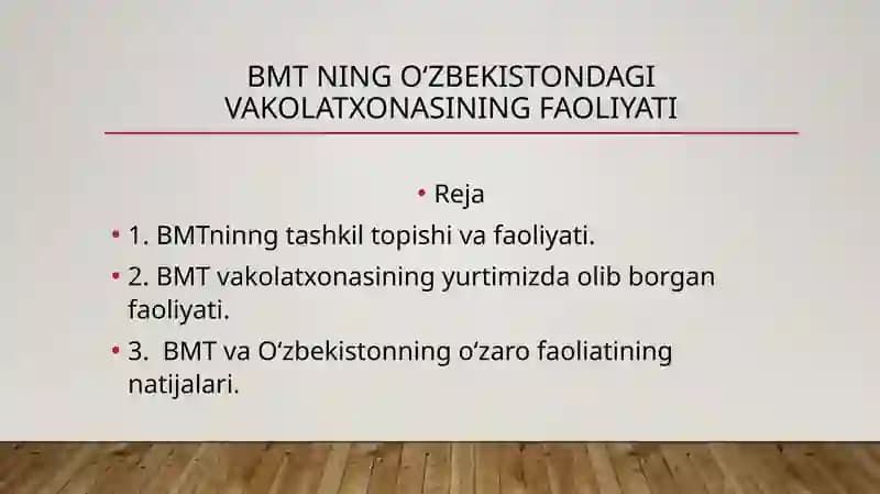 BMT ning O‘zbekistondagi vakolatxonasining faoliyati
