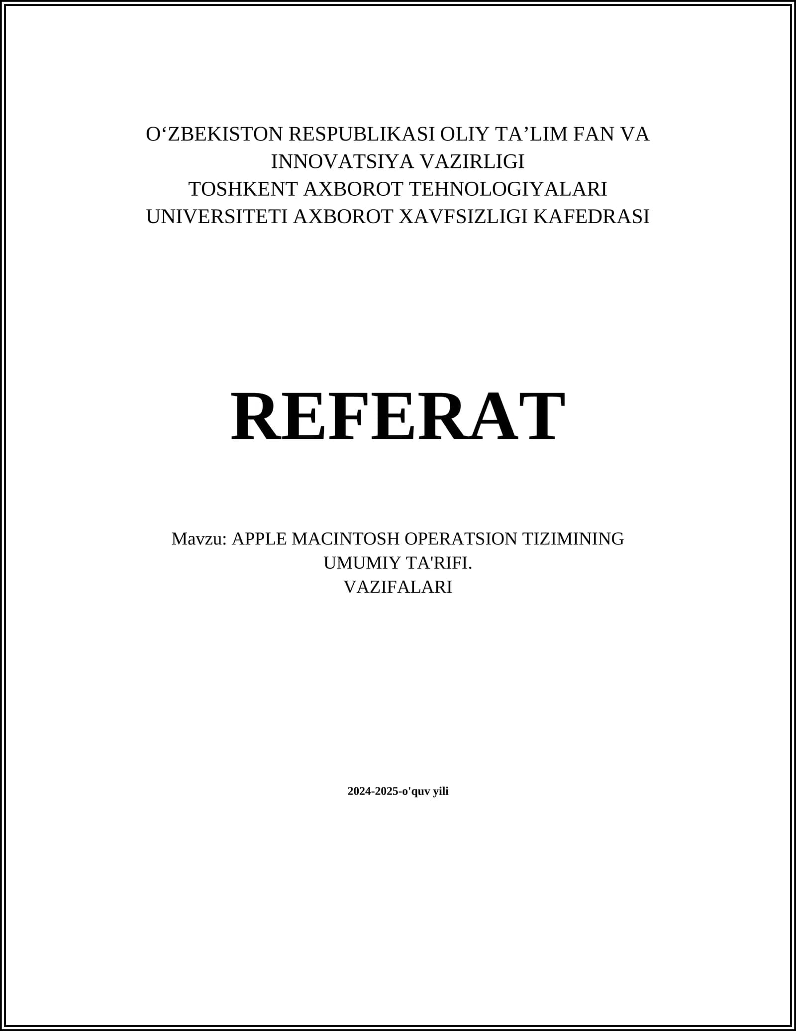 APPLE MACINTOSH OPERATSION TIZIMINING UMUMIY TA'RIFI