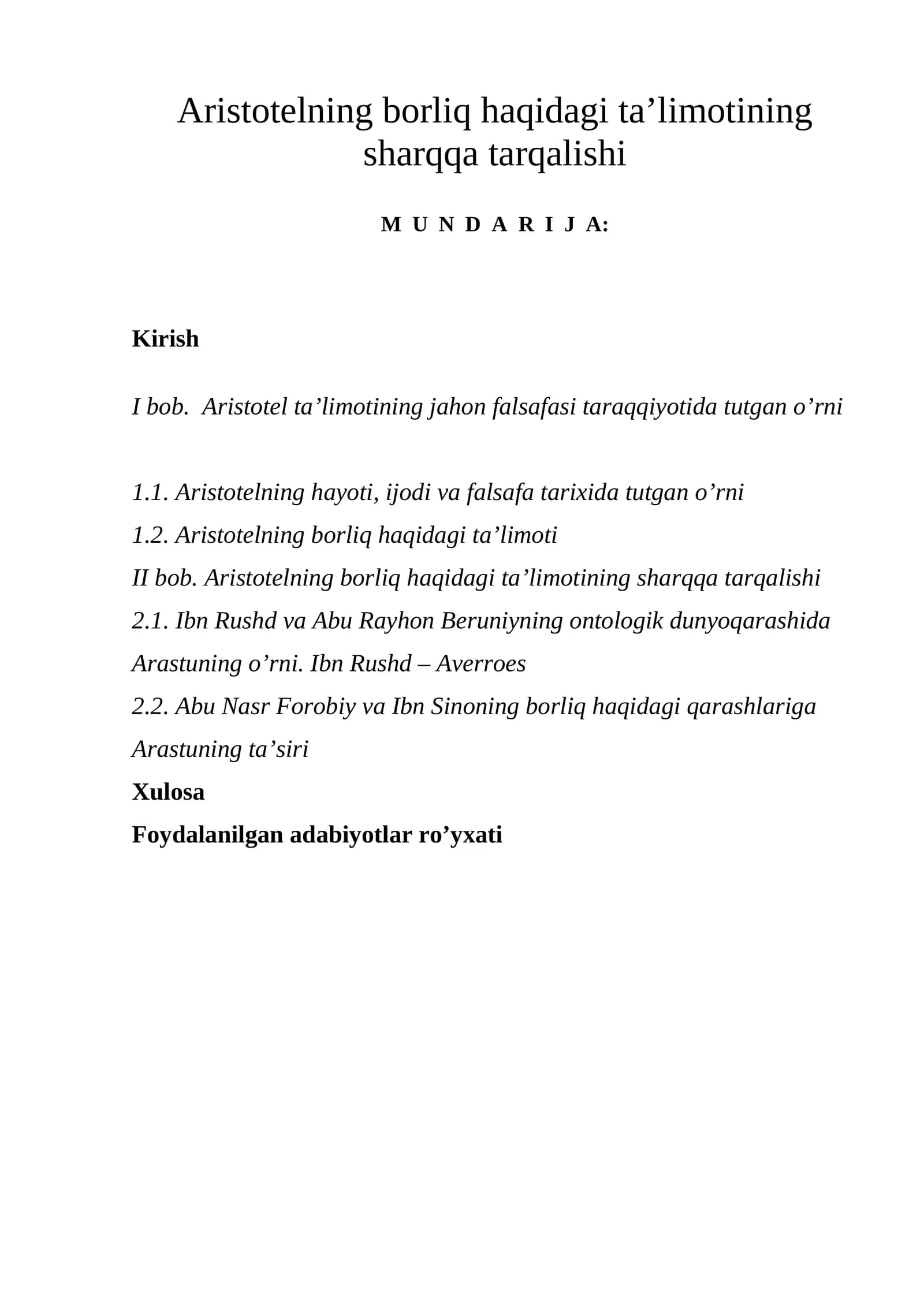 Aristotelning borliq haqidagi ta’limotining sharqqa tarqalishi