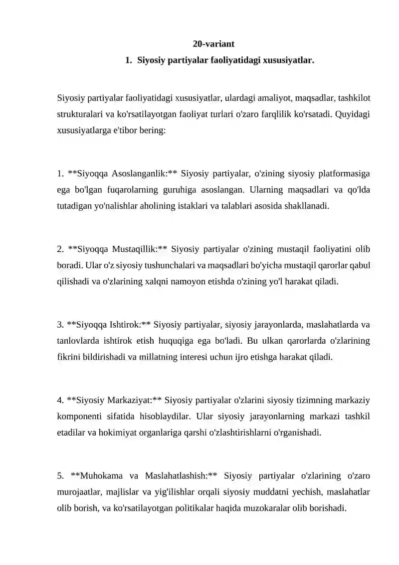 Siyosiy Partiyalar Faoliyatidagi Xususiyatlar