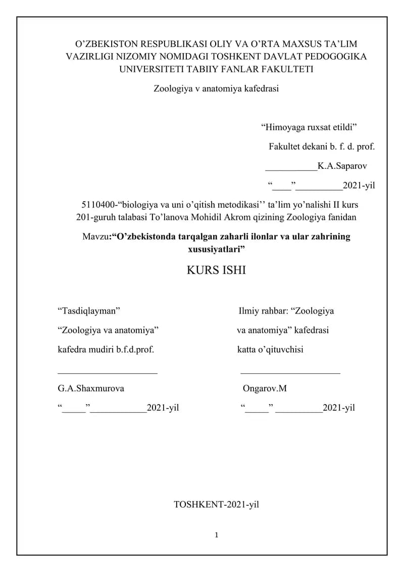 “O’zbekistonda tarqalgan zaharli ilonlar va ular zahrining xususiyatlari”