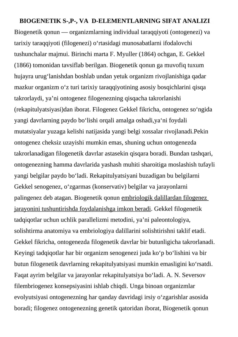 BIOGENETIK S-,P-, VA D-ELEMENTLARNING SIFAT ANALIZI